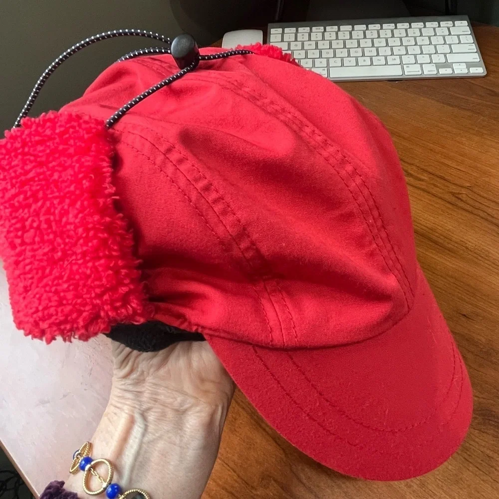 American Eagle Red Trappers Hat Fleece Lining Ear Flaps Warm Reflective Tape